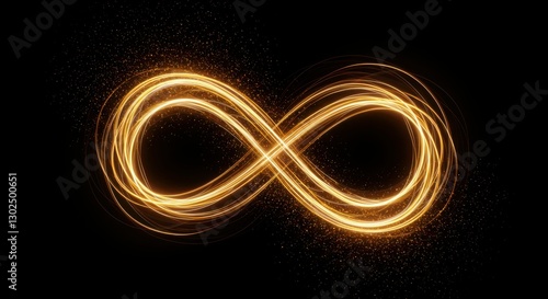 Golden infinity symbol made of light trails on black background