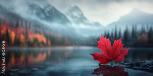 Red maple leaf floating on a misty lake in the canadian rockies