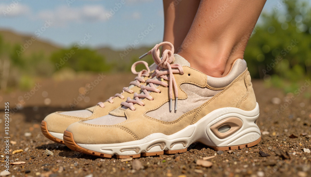 Naklejka premium Beige hiking sneakers on a dirt path outdoors. market, sale, clothing swap event, recycled materials, homespun, handmade, national traditions, natural wool, cotton, Zero Waste Fashion,