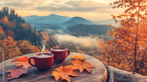 Two steaming mugs on wooden table with autumn leaves and mountain view at sunrise.