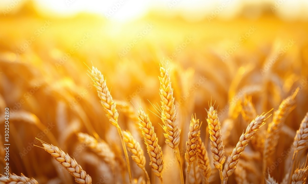 Fototapeta premium Golden wheat field at sunset, close up view of wheat heads, warm golden light illuminating the field, nature scene