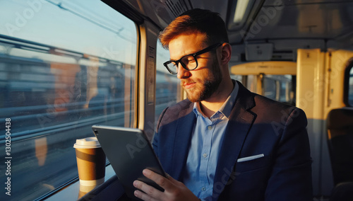 Man in suit reading on tablet while traveling on train, enjoying coffee, working online concept.