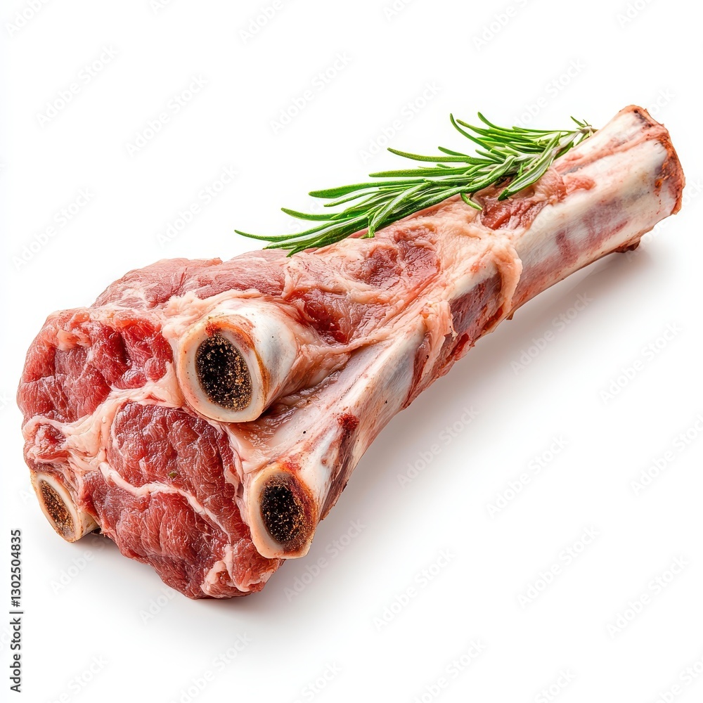 Raw Meat Cut with Rosemary Sprig on White Background Raw Meat Cut with Rosemary Sprig on White Background