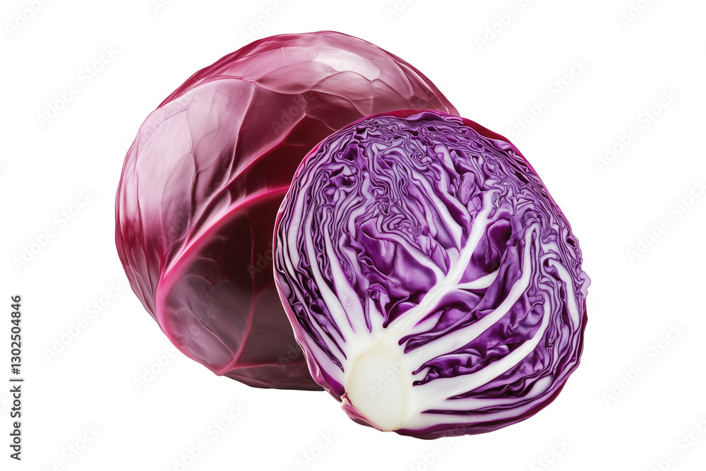 Fototapeta premium Close-up of a sliced purple cabbage isolated on transparent background. Concept of fresh vegetables and healthy eating