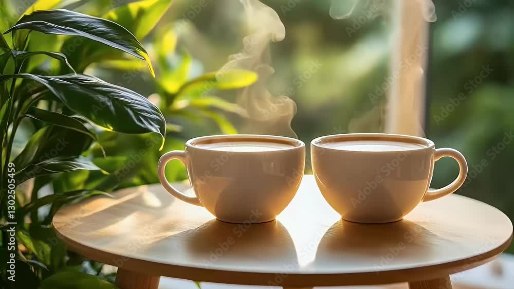 Two steaming cups of coffee on a wooden table surrounded by lush green plants in sunlight Two steaming cups of coffee on a wooden table surrounded by lush green plants in sunlight