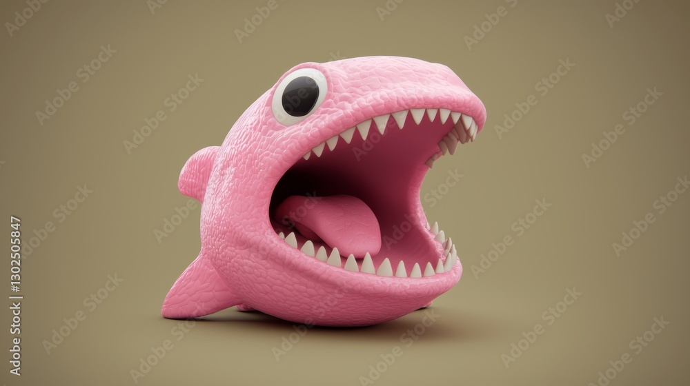 Fototapeta premium Cute Pink Cartoon Shark Figurine with Open Mouth and Big Eyes on Neutral Background