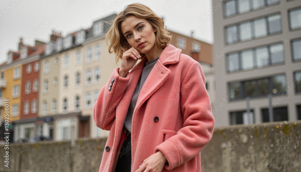 Fototapeta premium Stylish woman in pink coat posing in urban setting. market, sale, clothing swap event, recycled materials, homespun, handmade, national traditions, natural wool, cotton, Zero Waste Fashion,