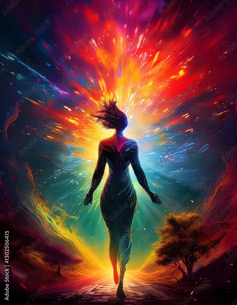 Woman walking into colorful and bright light beams emanating from her head Woman walking into colorful and bright light beams emanating from her head