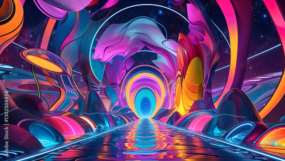 Obraz premium Surreal Cyberpunk Corridor Featuring Glowing Reflections and Kaleidoscopic Abstract Shapes