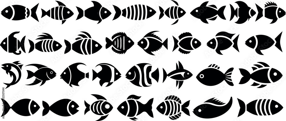 Naklejka premium Fish silhouette vector set, black aquatic animals, marine wildlife, decorative fish icons, graphic sea life illustration, abstract fish pattern, stylized fish collection, ocean creatures design