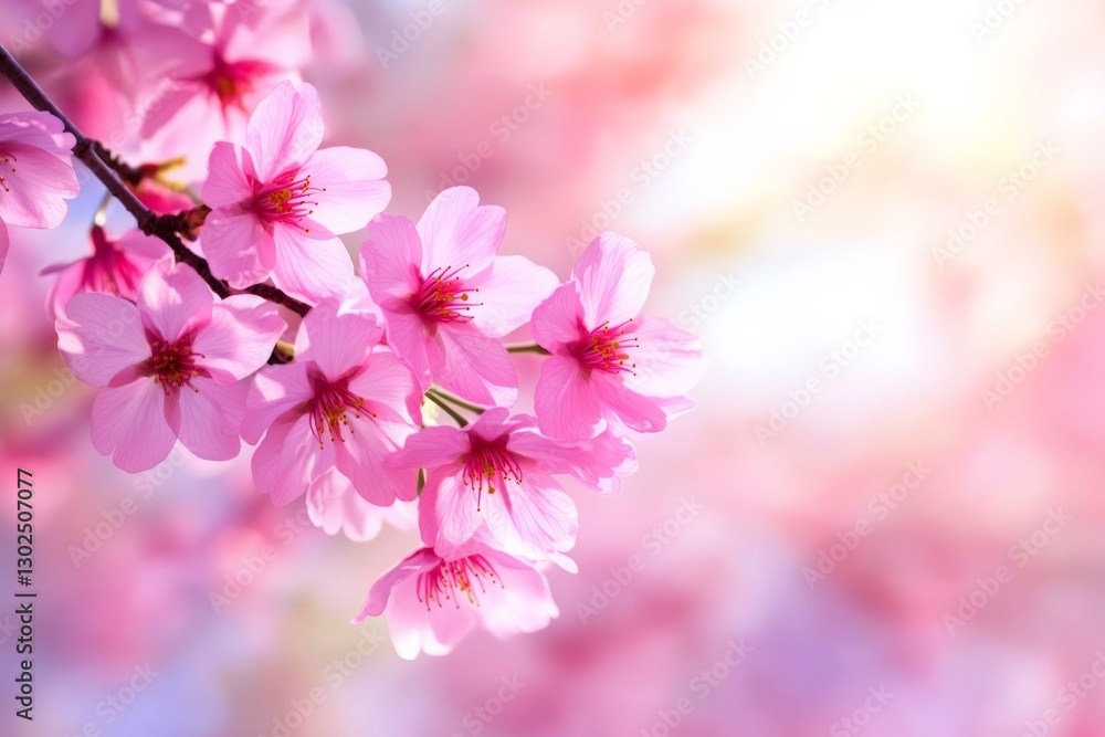 Obraz premium Cherry Blossom Branch in Full Bloom A close-up of delicate pink cherry blossoms on a tree branch, bathed in soft sunlight, symbolizing the beauty of spring.