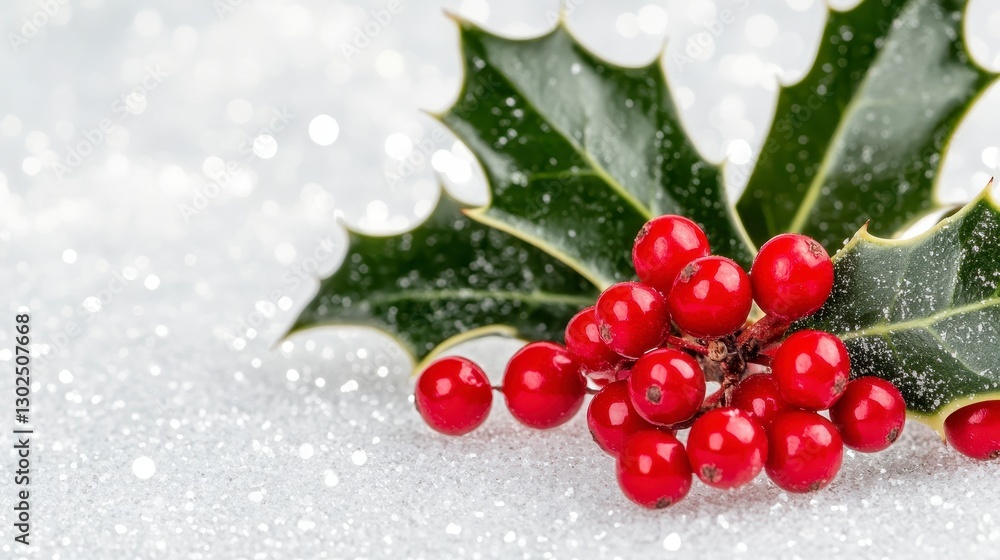 Red Holly Berries and Green Leaves on Sparkling White Background Red Holly Berries and Green Leaves on Sparkling White Background