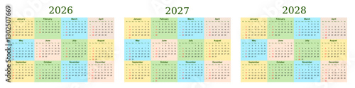2026, 2027, 2028 calendar with week number. Text and font editable and replaceable. Vector template for business, schedule, organizer, and planner.
