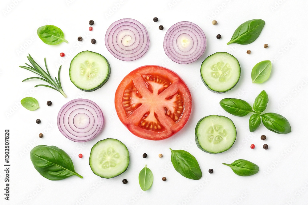 Flat lay of sliced tomato, cucumber, red onion, basil, rosemary & peppercorns on white. Flat lay of sliced tomato, cucumber, red onion, basil, rosemary & peppercorns on white.
