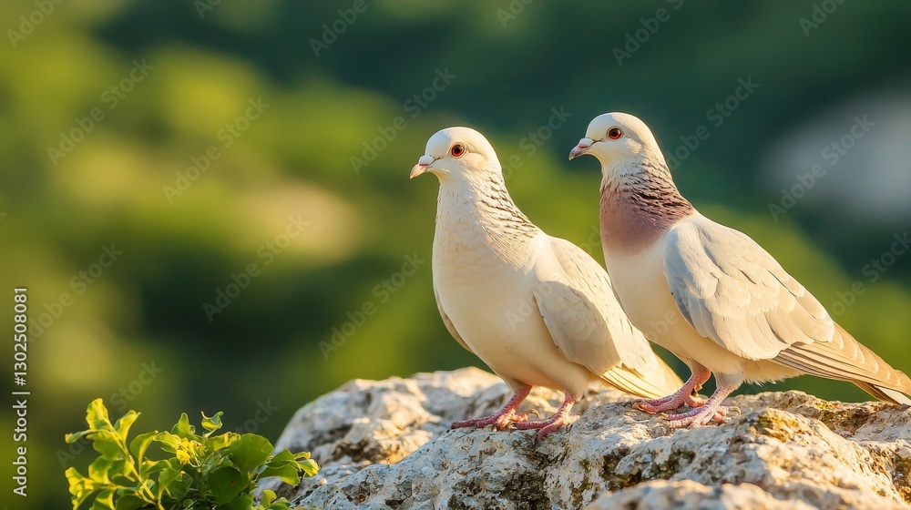 Peaceful Doves on a Rocky Outcrop Surrounded by Lush Green Landscape Peaceful Doves on a Rocky Outcrop Surrounded by Lush Green Landscape