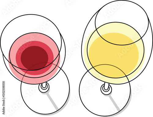cartoon vector illustration of glass of red wine and glass of white wine isolated on transparent background, top view with copy space