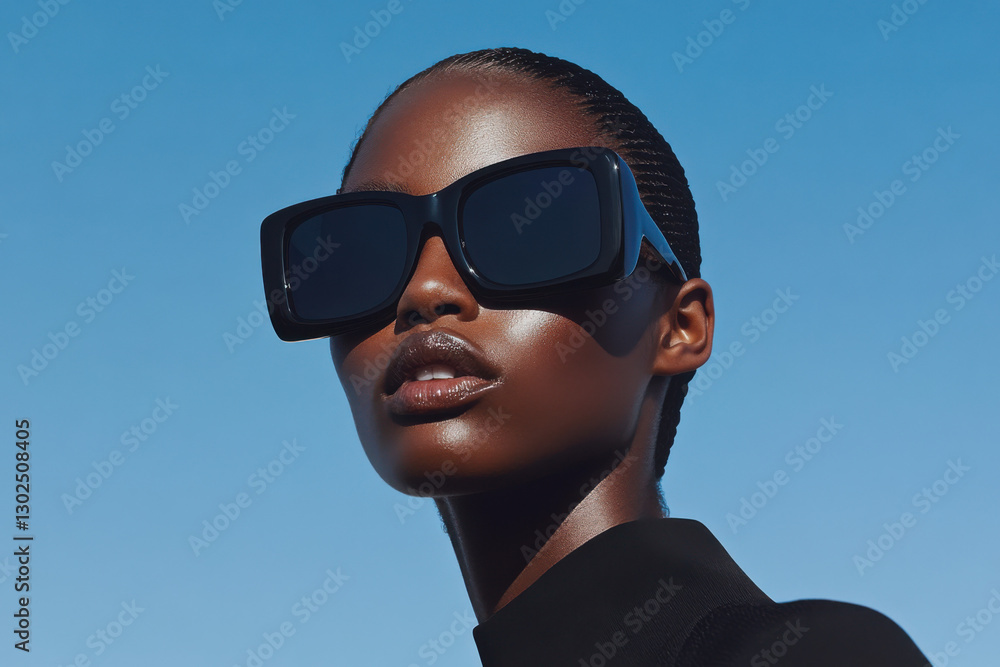 Fashion model wearing stylish sunglasses posing under blue sky Fashion model wearing stylish sunglasses posing under blue sky
