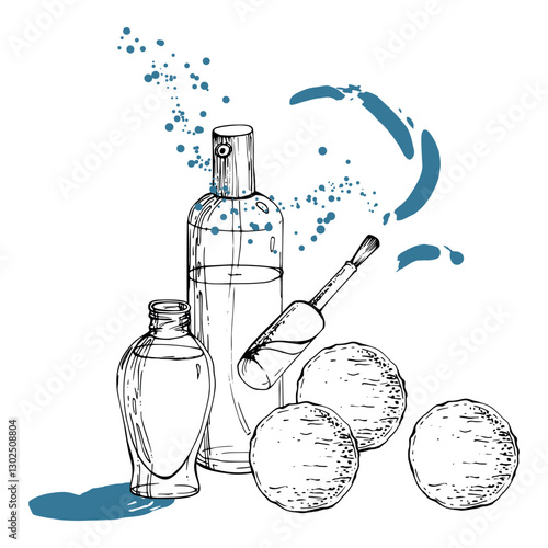 Spray mist bottle perfume cologne, nail cuticle polish varnish lacquer, cotton pad swab applicator. Line vector hand drawn ink sketch, isolated composition. Beauty parlor illustration, cosmetics shop.