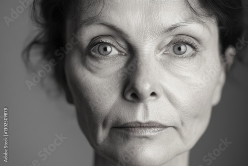A black and white photograph of a mature woman with an introspective gaze