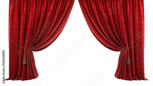 red silk fabric Red velvet open Curtain window isolated transparent background 