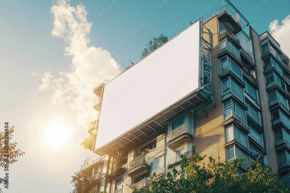Billboard on the Building with Beautiful Sunshine Mockup of a Banner Placeholder Billboard on the Building with Beautiful Sunshine Mockup of a Banner Placeholder