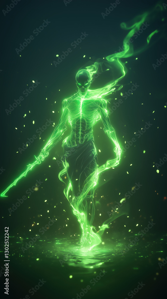 glowing green skeletal warrior with sword glowing green skeletal warrior with sword