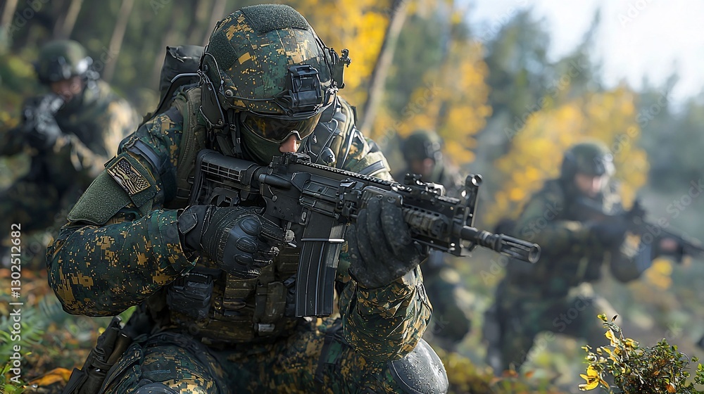 Soldier in camouflage aiming rifle in forest. Soldier in camouflage aiming rifle in forest.