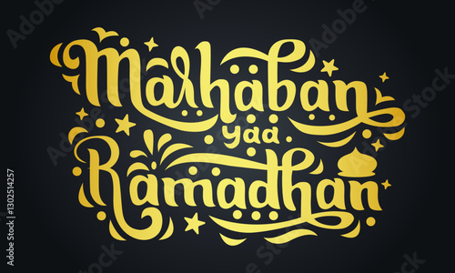 Marhaban yaa Ramadhan Golden hand-lettering typography design on black background. Vector Illustration Translate: May the blessing of Ramadan enlighten our hearts and our soul
