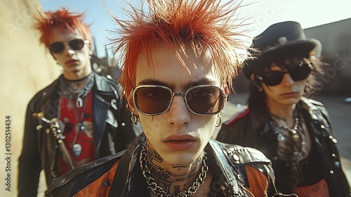 a group of punk rockers with edgy style, featuring vibrant hair, and sunglasses, radiating an aura of rebellious attitude