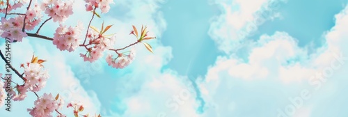 Branches blossoming cherry on background blue sky and white clouds in spring on nature outdoors springtime tilt the camera up.