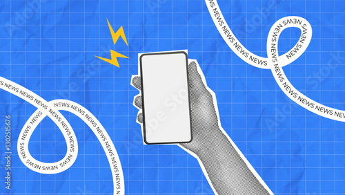 halftone collage, hand holding a smartphone, digital news consumption, media trends, and real-time information flow in the modern era