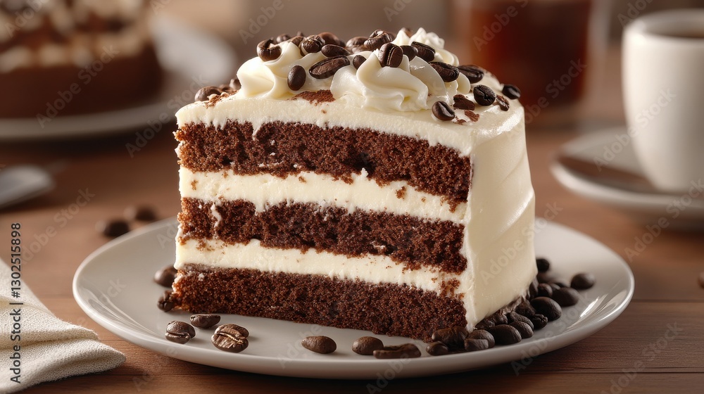 Delicious Chocolate Cake Slice with Coffee Beans and Cream Topping Delicious Chocolate Cake Slice with Coffee Beans and Cream Topping