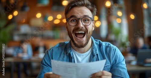 a man with glasses holding and looking at a paper with an excited expression. he seems happy, joyful, and pleased