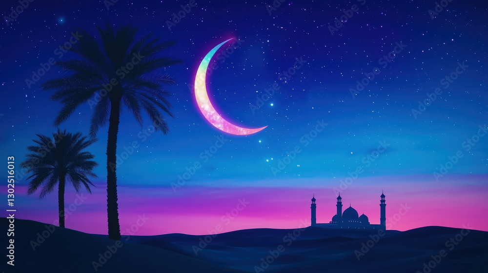 serene desert scene with mosque and glowing crescent moon