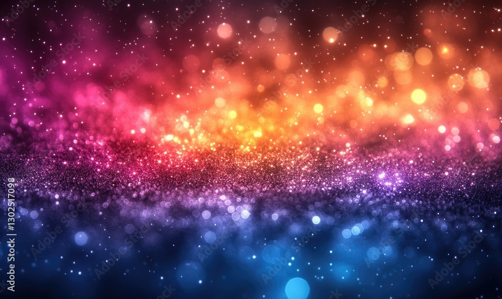 Obraz premium Abstract background with vibrant colors, glittering particles, and bokeh lights. Multicolored lights with blurred bokeh effect