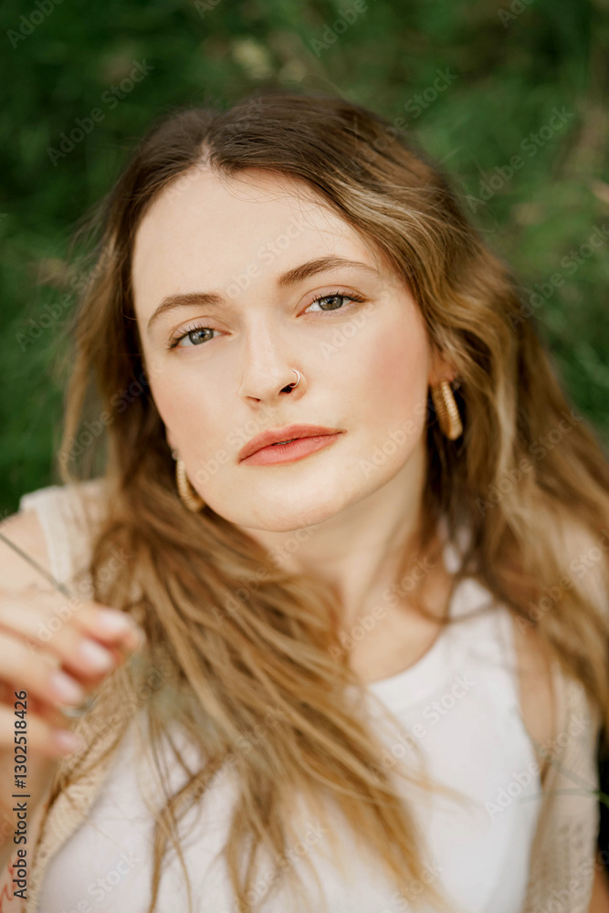 A young girl on a grass in the park with smooth skin looking up and very relaxed A young girl on a grass in the park with smooth skin looking up and very relaxed