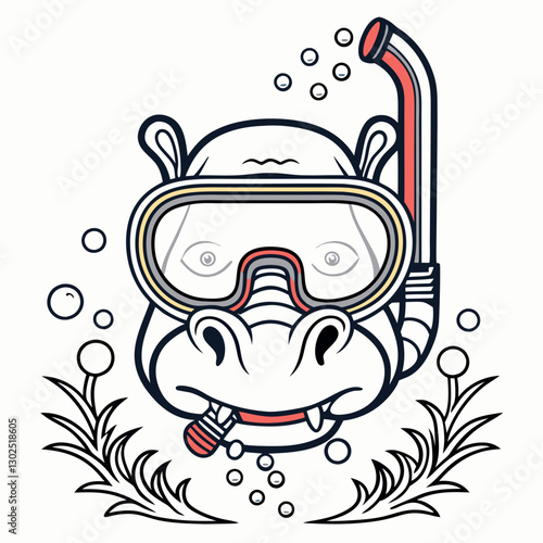 Hippo with Snorkel and Goggles Underwater - Fun Diving Animal Vector Illustration

