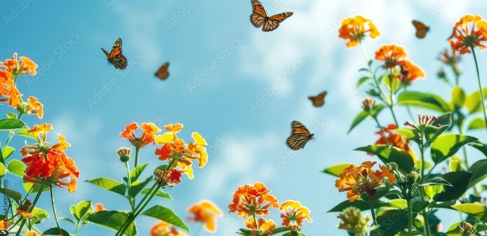 Fototapeta premium Natural summer spring yellow flower border fluttering butterflies blue sky.