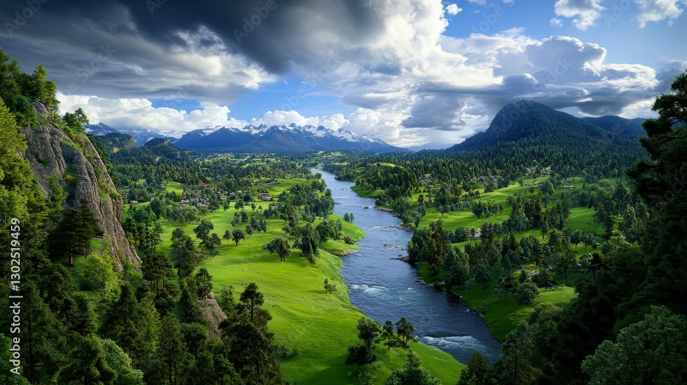 Serene Green Valley Landscape with Winding River and Snow Capped Mountains Serene Green Valley Landscape with Winding River and Snow Capped Mountains