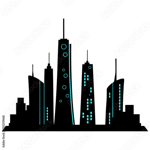 Futuristic Smart City Skyline with Digital High-Tech Buildings - Vector Illustration

