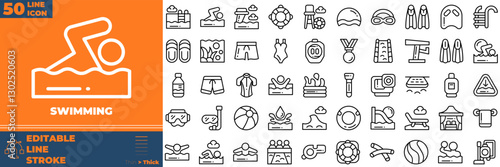 Swimming Line Editable Icons set. Vector illustration in modern thin line style of swimming icons: swimming pool. Swim, dive, champion, etc