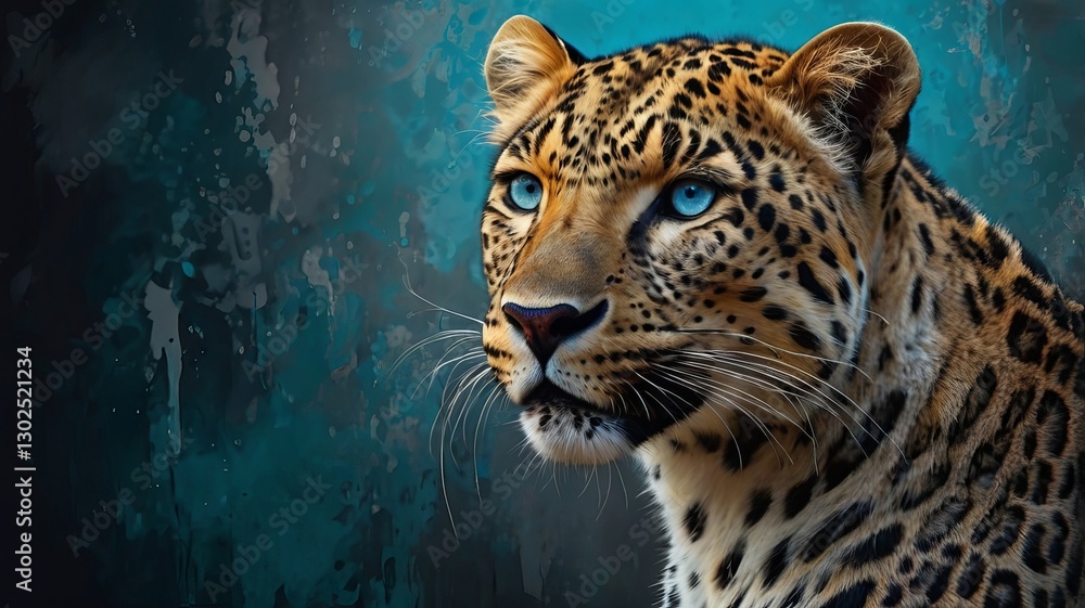 Obraz premium Close-Up of a Beautiful Leopard with Piercing Blue Eyes and a Vibrant Blue Background