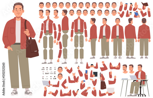 Happy young man character constructor. Casual guy. Set of hands legs body and head positions for creating animation