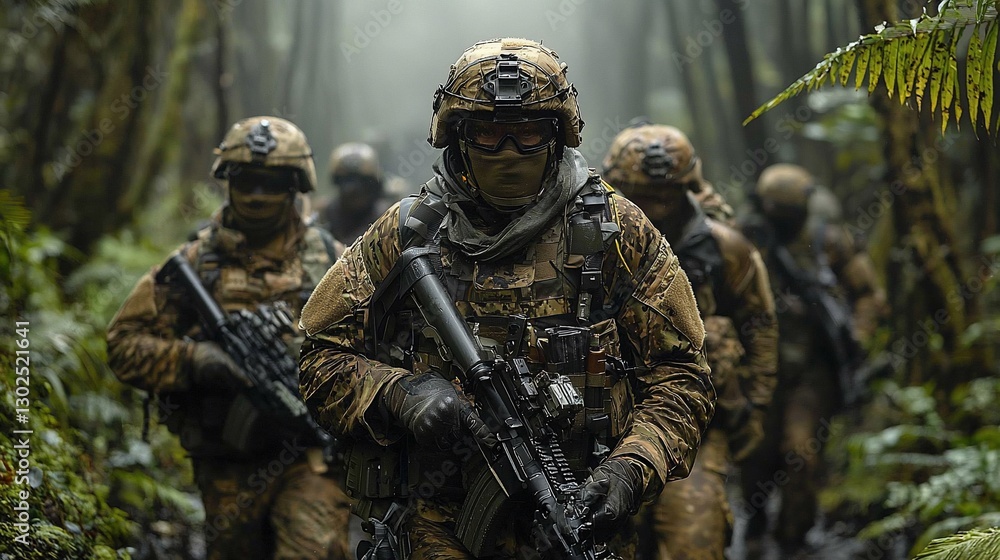 Obraz premium Soldiers in camouflage uniforms patrol a dense jungle.
