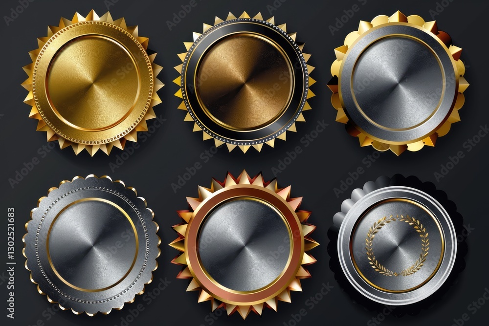 Six distinct medal designs featuring gold, silver, and bronze finishes on a dark background, suitable for awards Six distinct medal designs featuring gold, silver, and bronze finishes on a dark background, suitable for awards