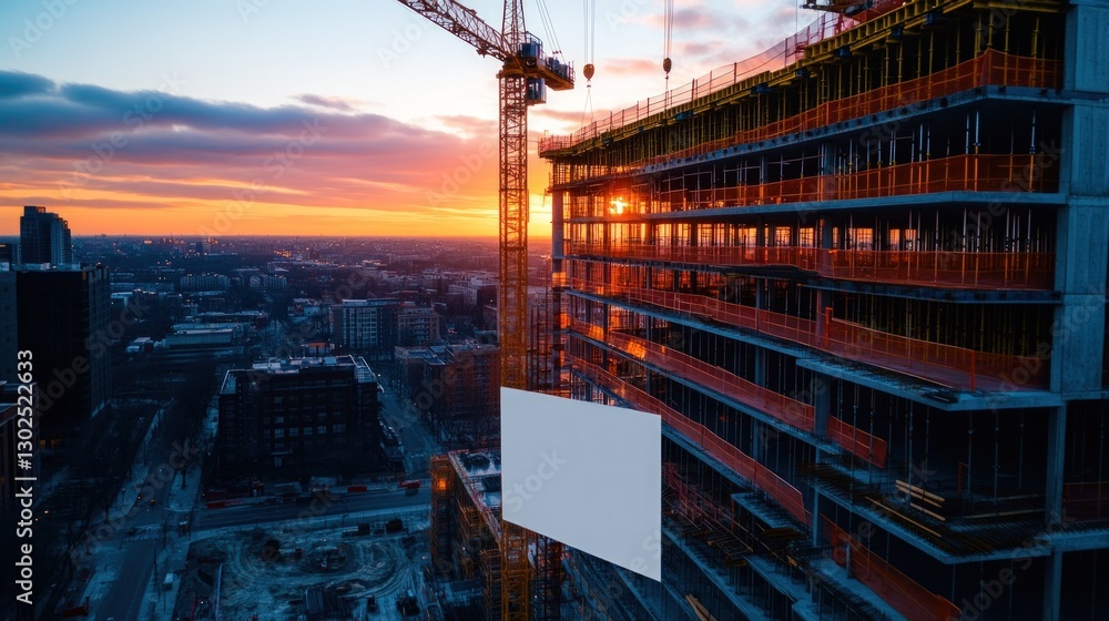 Fototapeta premium Sunrise over Construction Site with Blank Billboard