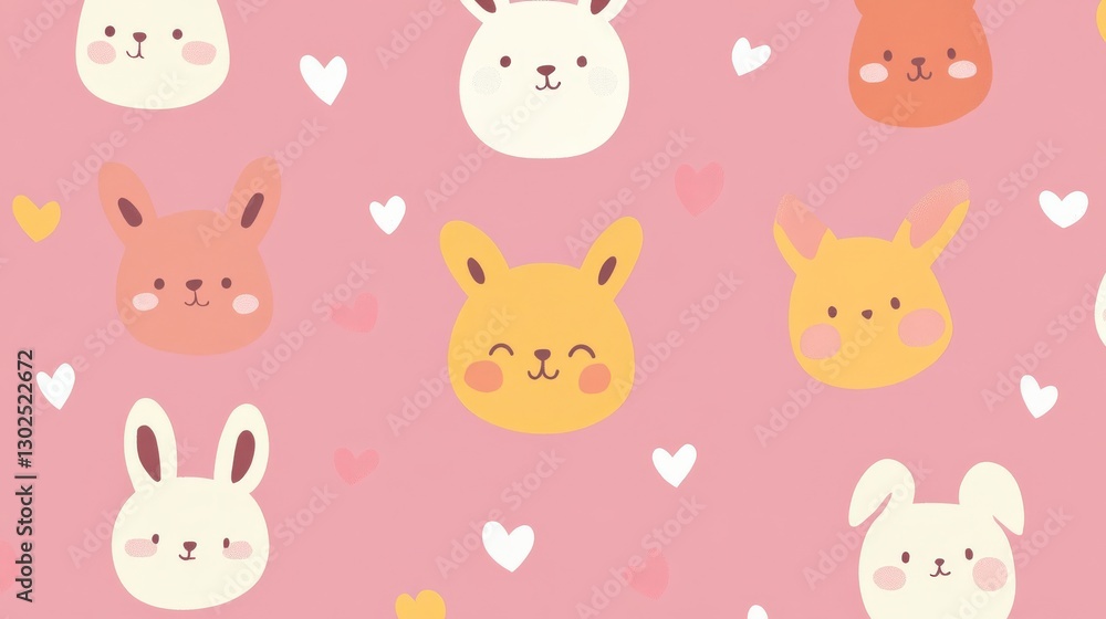 Cute Animal Faces Pattern with Hearts on Soft Pink Background for Kids' Decor Cute Animal Faces Pattern with Hearts on Soft Pink Background for Kids' Decor