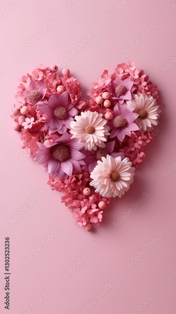 Colorful Heart Shaped Red Flowers on Pastel Pink Background Symbolizing Love and Romance Colorful Heart Shaped Red Flowers on Pastel Pink Background Symbolizing Love and Romance