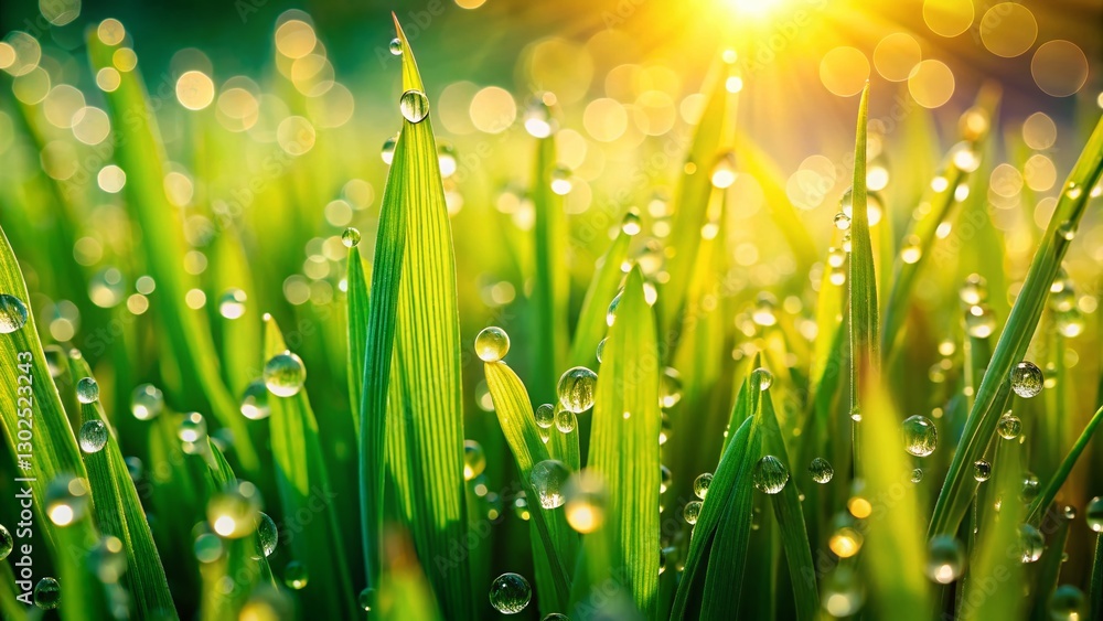 Fototapeta premium Dew-Kissed Spring Grass: Fresh, Juicy Green Blades Close-Up