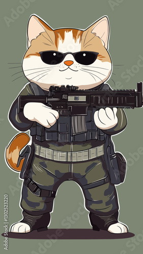Cartoon Military Cat with Rifle in Minimalist Style Vector Art for Humorous Design Concepts